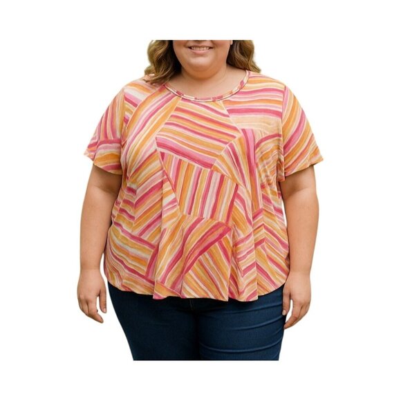 Alfred Dunner 3X Patch Striped Top Multicolor Gold Accent Neckline Short Sleeves - Picture 1 of 8